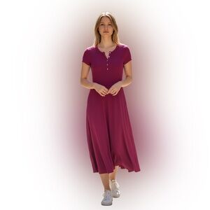 Lauren Ralph Lauren Pink Ribbed Henley Midi Dress Short Sleeve Women's Small